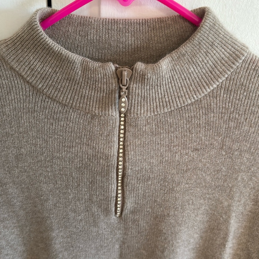 Beige Lambswool and Cashmere Rhinestone Zipper Sweater